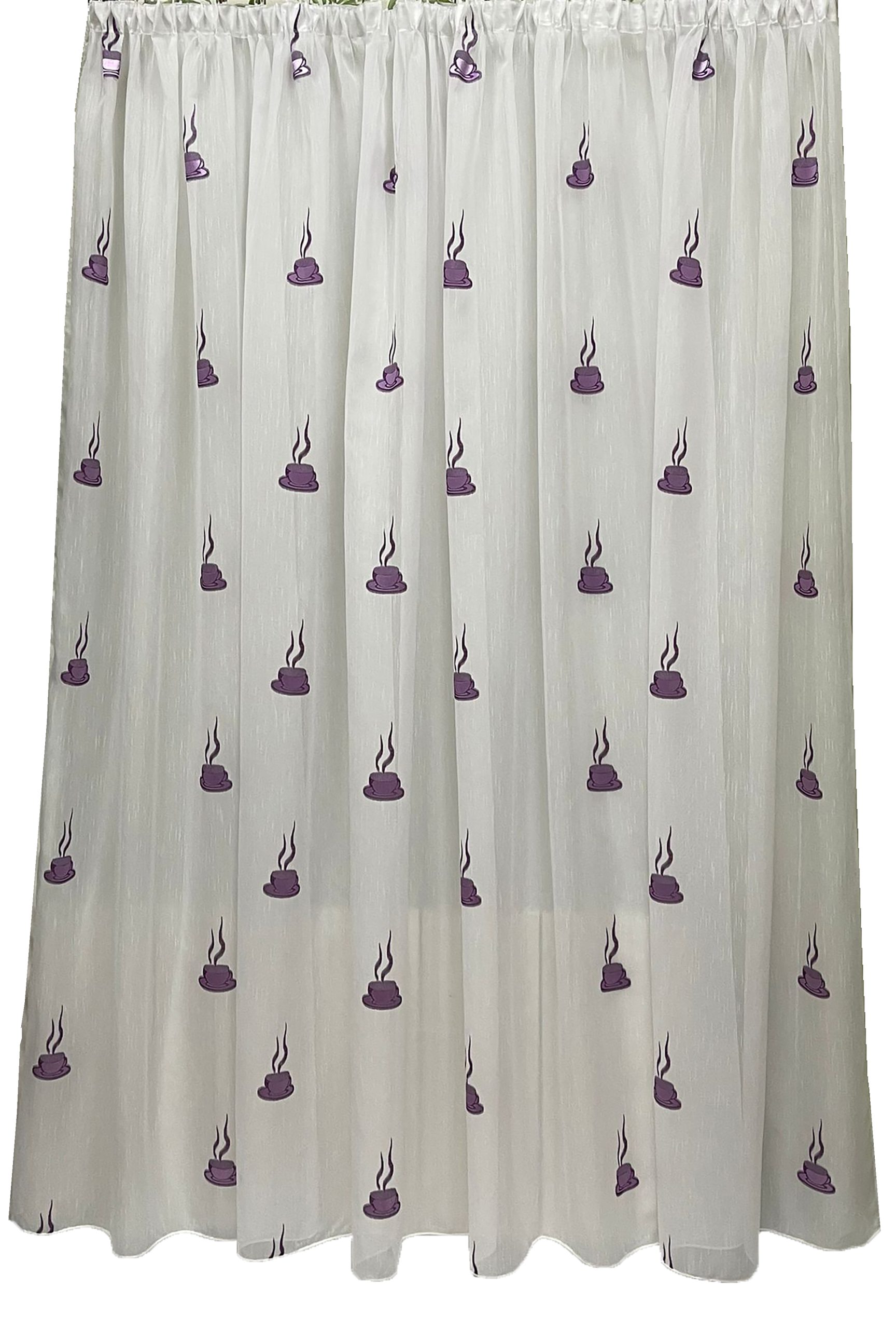 Perdea brodata bucatarie, culoare alb/mov, colectia Cofee Cups by Liz Line 400x170cm cu rejansa – P2074